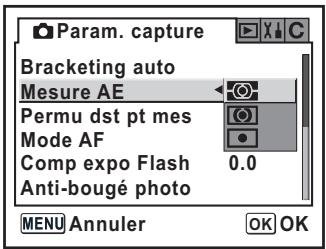 Param. capture Bracketing auto Mesure AE Permu dst pt mes Mode AF Comp expo Flash 0.0 Anti-bougé photo MENU Annuler OK OK