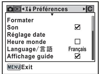 Formater Son Réglage date Heure monde Language/言語 Affichage guide Français MENU Exit