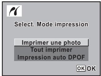 Select. Mode impression Imprimer une photo Tout imprimer Impression auto DPOF OK OK