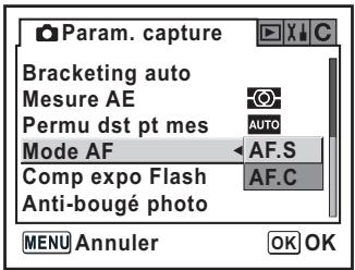 Param. capture Bracketing auto Mesure AE Permu dst pt mes Mode AF Comp expo Flash Anti-bougé photo AF.S AF.C MENU Annuler OK OK