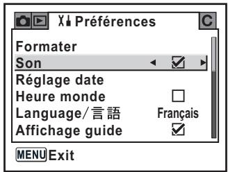Formater Son Réglage date Heure monde Language/言語 Affichage guide Français MENU Exit