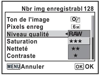 Nbr img enregistrabl 128 Ton de l'image Pixels enreg 6 M Niveau qualité RAW Saturation ★★★ Netteté ★★ Contraste ★