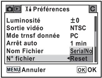 Luminosité ±0 Sortie vidéo NTSC Mde trnsf donnée PC Arrêt auto 1 min Nom Fichier SerialNo N° fichier Reset MENU Annuler OK OK
