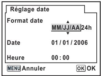Réglage date Format date MM/JJ/AA 24h Date 01/01/2006 Heure 00:00 MENU Annuler OK OK