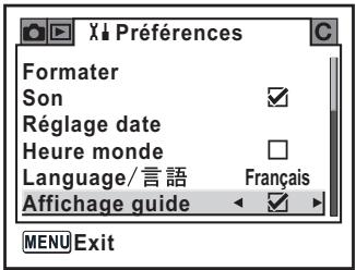 X1 Préférences Formater Son Réglage date Heure monde Language/言語 Affichage guide Français MENU Exit