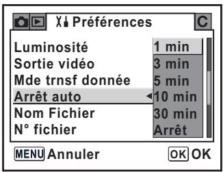 Luminosité 1 min Sortie vidéo 3 min Mde trnsf donnée 5 min Arrêt auto 10 min Nom Fichier 30 min N° fichier Arrêt MENU Annuler OK OK