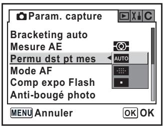 Param. capture Bracketing auto Mesure AE Permu dst pt mes AUTO Mode AF Comp expo Flash Anti-bougé photo MENU Annuler OK OK
