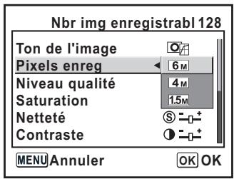 Nbr img enregistrabl 128 Ton de l'image Pixels enreg 6 M Niveau qualité 4 M Saturation 1.5 M Netteté S = - + Contraste - - + - MENU Annuler OK OK