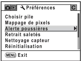 PENTAX K200D - Sélectionnez [Alerte poussières] dans le menu [↗ Préférences]. - 1