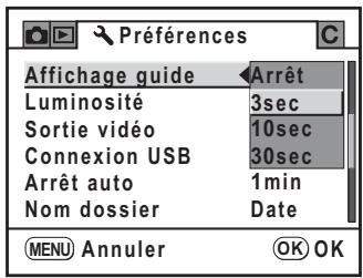 PENTAX K200D - Réglage de la durée d'affichage du guide - 1