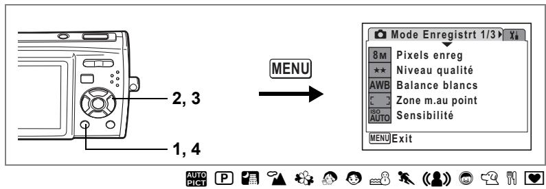 2, 3 1, 4 MENU Mode Enregistrt 1/3 8M Pixels enreg ** Niveau qualité AWB Balance blancs E Zone m.au point ISO Sensibilité AUTO MENU Exit