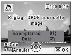 DPOF 100-0017 Réglage DPOF pour cette image Exemplaires 01# Date Date MENU Annuler OK OK