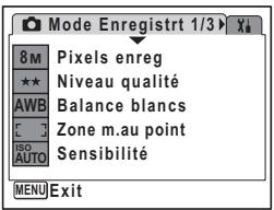 Mode Enregistre 1/3 8 M Pixels enreg ★★ Niveau qualité AWB Balance blancs C Zone m.au point ISO Sensibilité AUTO MENU Exit