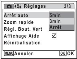 4X Réglages 3/3 Arrêt auto 5min Zoom rapide 3min Régl. Bout. Vert Arrêt Affichage Aide ✓ Réinitialisation MENU Annuler OK OK