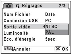 Réglages 2/3 Nom Fichier Date Connexion USB PC Sortie vidéo NTSC Luminosité PAL Eco. d'énergie 5sec MENU Annuler OK OK