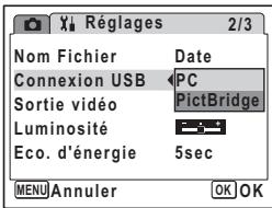 Réglages 2/3 Nom Fichier Date Connexion USB PC Sortie vidéo PictBridge Luminosité Eco. d'énergie 5sec MENU Annuler OK OK