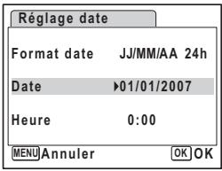 Réglage date Format date JJ/MM/AA 24h Date ▶01/01/2007 Heure 0:00 MENU Annuler OK OK