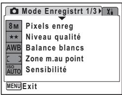 Mode Enregistre 1/3 8 M Pixels enreg ★★ Niveau qualité AWB Balance blancs C Zone m.au point ISO Sensibilité AUTO MENU Exit