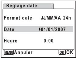 Réglage date Format date JJ/MM/AA 24h Date ▶01/01/2007 Heure 0:00 MENU Annuler OK OK
