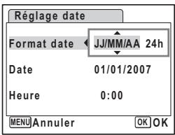 Réglage date Format date JJ/MM/AA 24h Date 01/01/2007 Heure 0:00 MENU Annuler OK OK