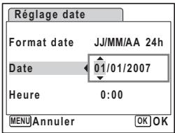 Réglage date Format date JJ/MM/AA 24h Date 01/01/2007 Heure 0:00 MENU Annuler OK OK