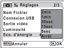 Réglages 2/3 Nom Fichier 2min Connexion USB 1min Sortie vidéo 30sec Luminosité 15sec Eco. d'énergie 5sec Arrêt MENU Annuler OK OK