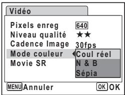 Vidéo Pixels enreg 640 Niveau qualité ★★ Cadence Image 30fps Mode couleur Coul réel Movie SR N & B Sépia MENU Annuler OK OK