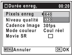 Durée enreg, 00:20 Pixels enreg 640 Niveau qualité 320 Cadence Image 30fps Mode couleur Coul réel Movie SR □ MENU Annuler OK OK