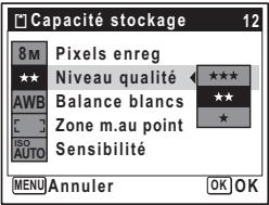 Capacité stockage 12 8 M Pixels enreg ★★ Niveau qualité ★★★★ AWB Balance blancs ★★★ C Zone m.au point ★ ISO Sensibilité AUTO