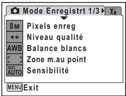 Mode Enregistre 1/3 8M Pixels enreg ★★ Niveau qualité AWB Balance blancs C Zone m.au point ISO Sensibilité AUTO MENU Exit