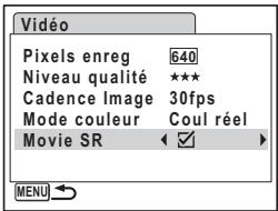 Vidéo Pixels enreg 640 Niveau qualité *** Cadence Image 30fps Mode couleur Coul réel Movie SR ✉ MENU →