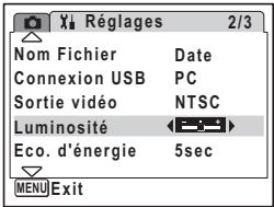 Réglages 2/3 Nom Fichier Date Connexion USB PC Sortie vidéo NTSC Luminosité ←→ Eco. d'énergie 5sec MENU Exit