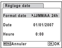 Réglage date Format date ▶JJ/MM/AA 24h Date 01/01/2007 Heure 0:00 MENU Annuler OK OK