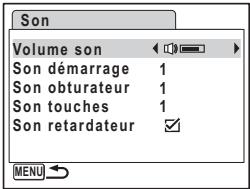 Son Volume son Son démarrage 1 Son obturateur 1 Son touches 1 Son retardateur ✓ MENU →