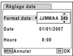 Réglage date Format date JJ/MM/AA 24h Date 01/01/2007 Heure 0:00 MENU Annuler OK OK