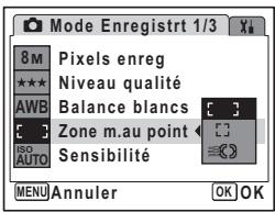 Mode Enregistre 1/3 8 M Pixels enreg ★★★ Niveau qualité AWB Balance blancs [ ] [ ] Zone m.au point [ ] ISO Sensibilité [ ] AUTO [ ] MENU Annuler OK OK