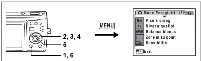2, 3, 4 5 1, 6 MENU Mode Enregistrt 1/3 8 M Pixels enreg ★★ Niveau qualité AWB Balance blancs C Zone m.au point GO Sensibilité AUTO MENU Exit