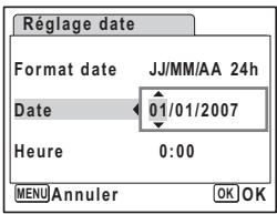 Réglage date Format date JJ/MM/AA 24h Date 01/01/2007 Heure 0:00 MENU Annuler OK OK