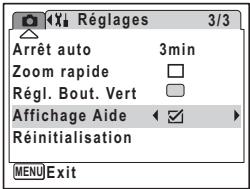 Réglages 3/3 Arrêt auto 3min Zoom rapide □ Régl. Bout. Vert □ Affichage Aide ✓ Réinitialisation MENU Exit