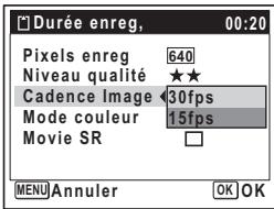 Durée enreg, 00:20 Pixels enreg 640 Niveau qualité ★★ Cadence Image 30fps Mode couleur 15fps Movie SR □ MENU Annuler OK OK