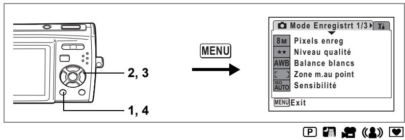 2, 3 1, 4 MENU Mode Enregistrt 1/3 8M Pixels enreg ** Niveau qualité AWB Balance blancs E Zone m.au point ISO Sensibilité AUTO MENU Exit