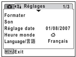 Régages 1/3 Formater Son Réglage date 01/08/2007 Heure monde Language/言語 Français MENU Exit