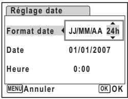 Réglage date Format date JJ/MM/AA 24h Date 01/01/2007 Heure 0:00 MENU Annuler OK OK
