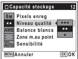 Capacité stockage 12 8 M Pixels enreg ★★ Niveau qualité ★★★★ AWB Balance blancs ★★★ C Zone m.au point ★ ISO Sensibilité AUTO Sensibilité MENU Annuler OK OK