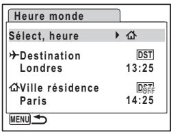 Heure monde Select, heure Destination Londres Ville résidence Paris 13:25 14:25 MENU