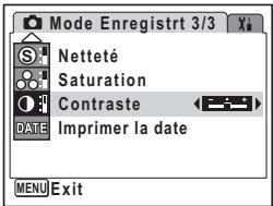 Mode Enregistrt 3/3 S Netteté Saturation Contraste DATE Imprimer la date MENU Exit