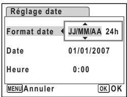 Réglage date Format date JJ/MM/AA 24h Date 01/01/2007 Heure 0:00 MENU Annuler OK OK