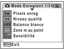Mode Enregistre 1/3 8 M Pixels enreg ★★ Niveau qualité AWB Balance blancs C Zone m.au point ISO Sensibilité AUTO MENU Exit