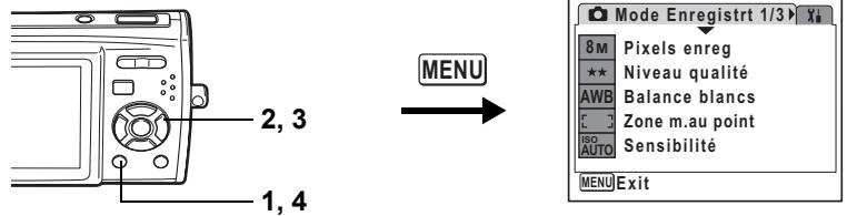 2, 3 MENU 1, 4 Mode Enregistrt 1/3 8 M Pixels enreg ★★ Niveau qualité AWB Balance blancs C 3 Zone m.au point ISO Sensibilité AUTO MENU Exit