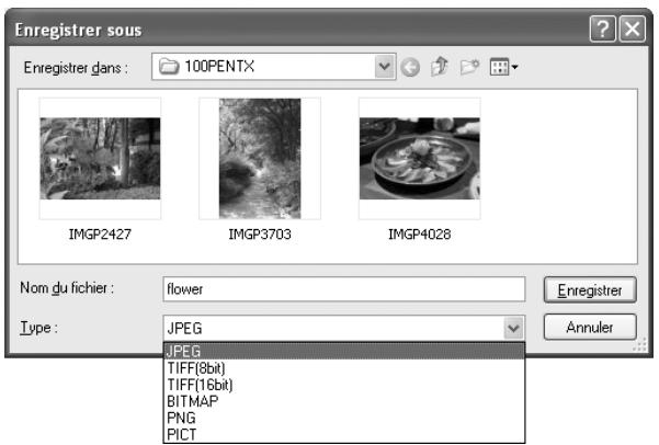 PENTAX PHOTO BROWSER 3 - Spécifiez les paramètres [Enregistrer dans], [Nom du fichier] et [Type], puis cliquez sur [Enregistrer]. - 1